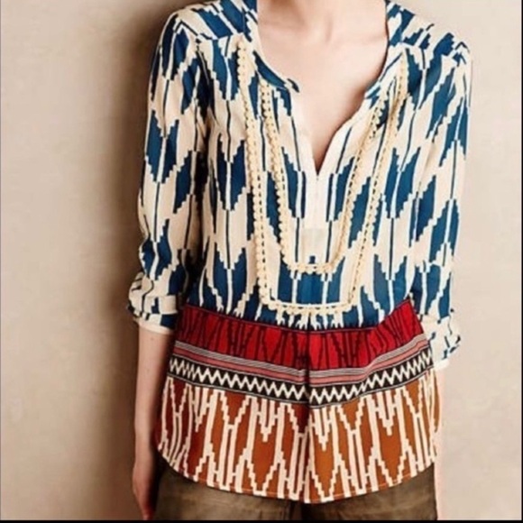 Anthropologie Maeve Womens Aztec Tribal Blouse Sz 4 Long Sleeve Multicolor - Picture 1 of 9